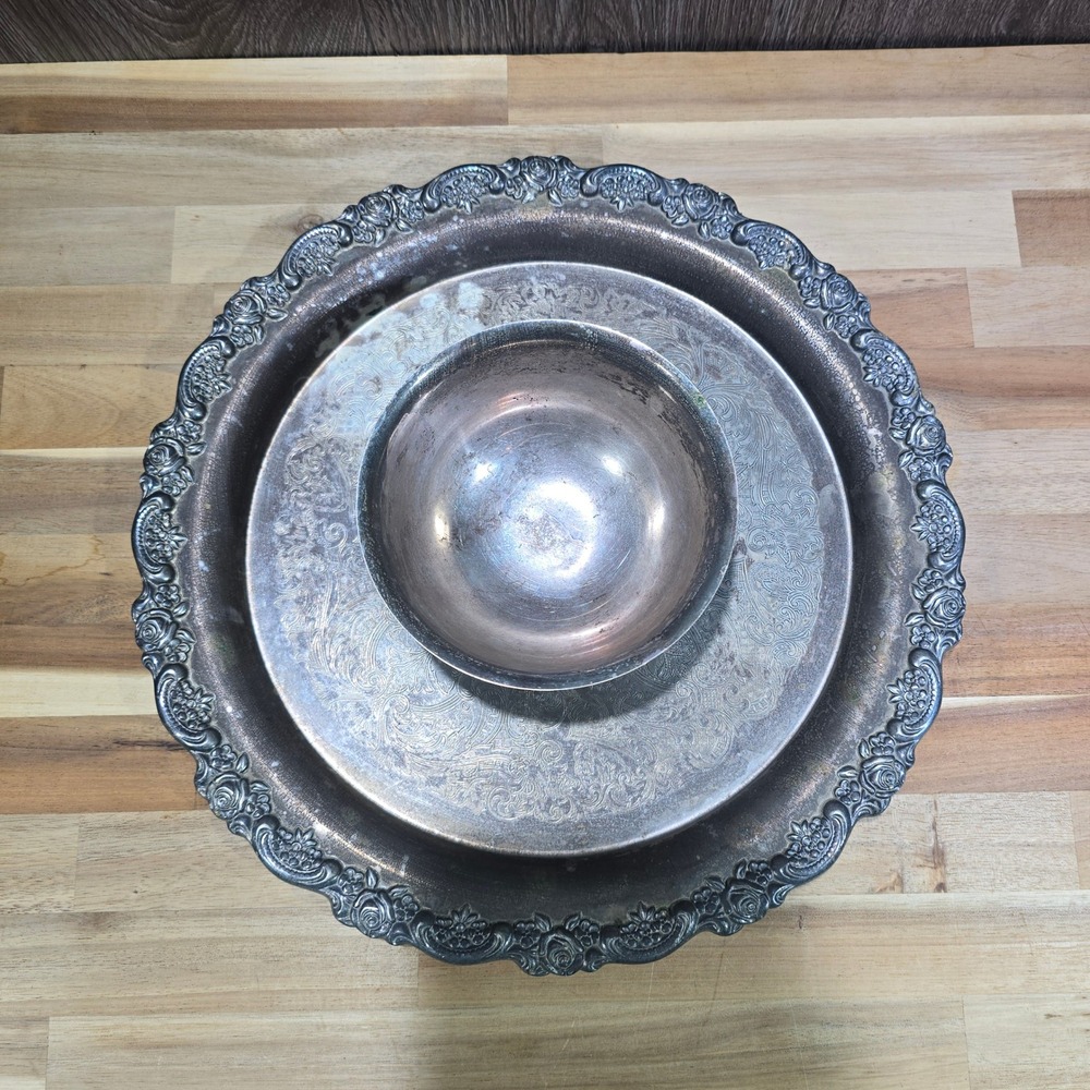 Oneida Silver Plate Chip and Dip Serving Tray Floral Etched 12.5" Round